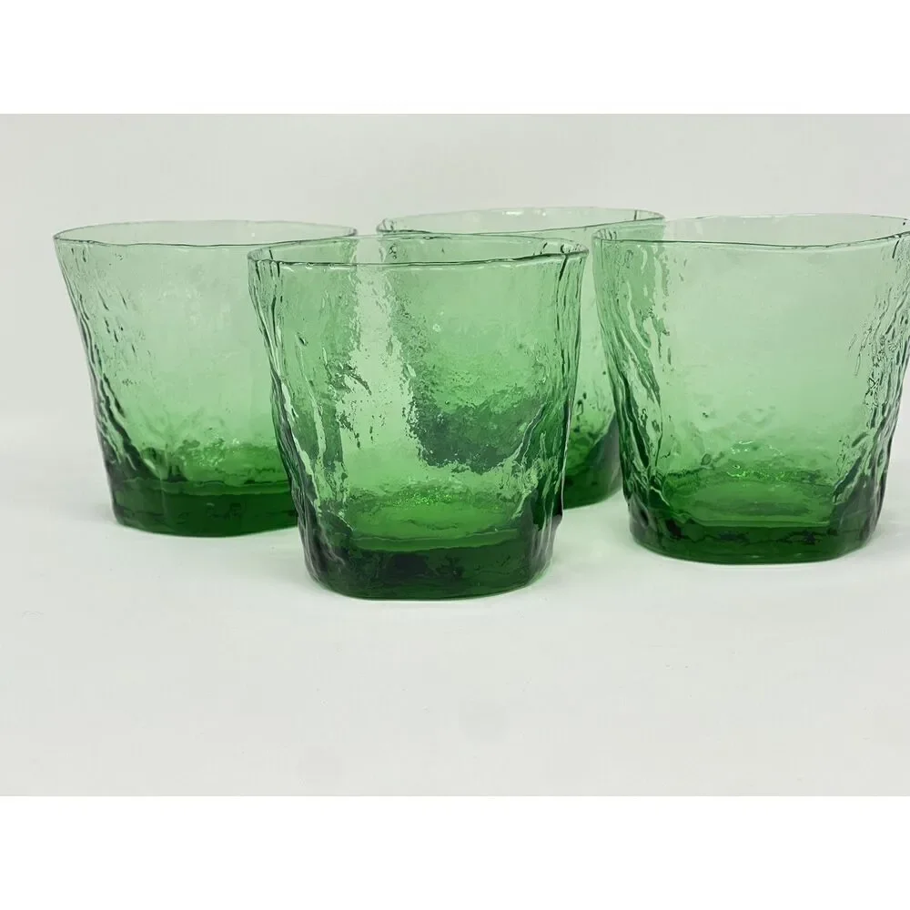 Vintage Morgantown Crinkle Green Double Old Fashioned Glasses MCM 3.5” Set Of 4
